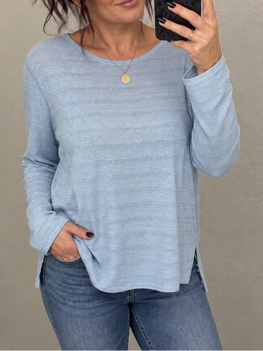 Cynthia Rowley 100% Linen Open Knit Lightweight Long Sleeve Top Light Blue